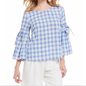 Blue gingham top Skies are blue Gingham 3/4 tied bell sleeve costal top